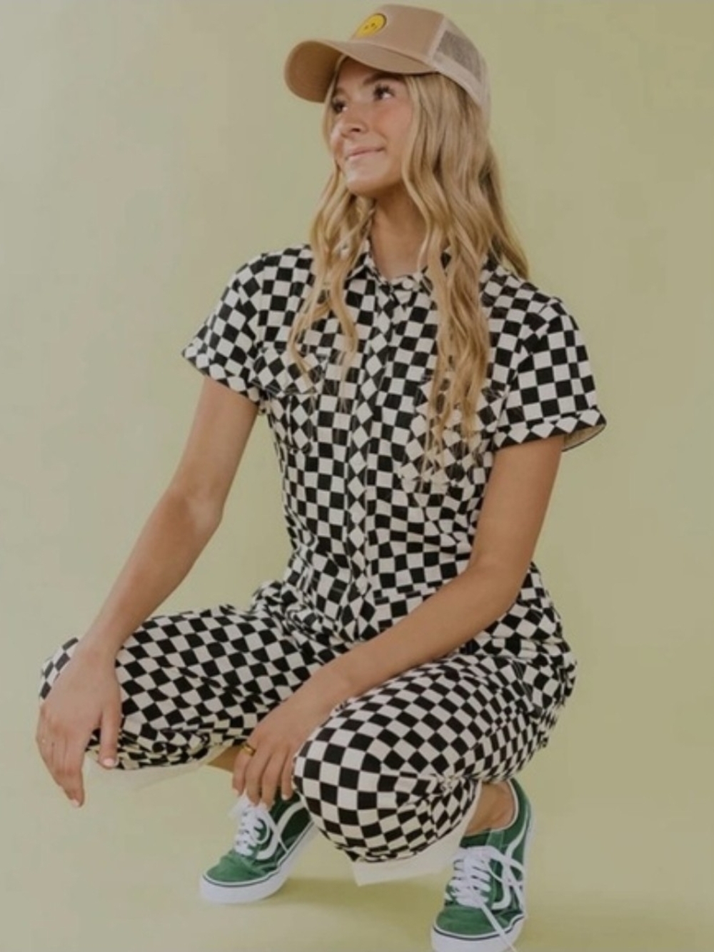 Roolee Women's Checkered Short Sleeve Jumpsuit 100% Cotton Preppy Sz L